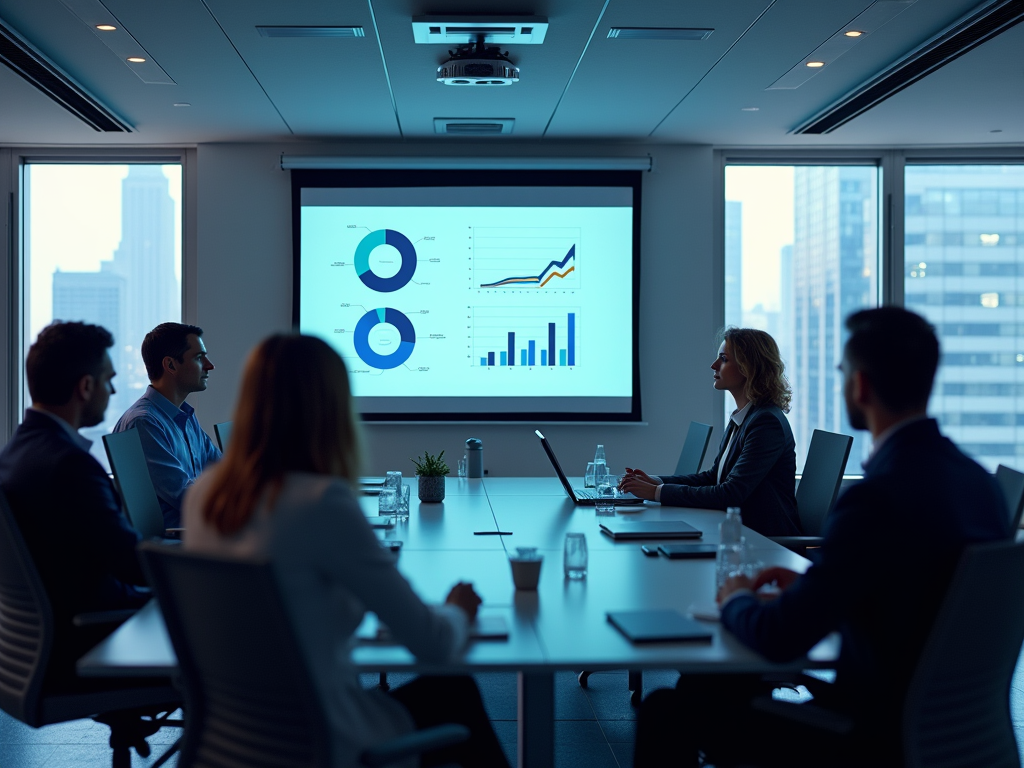 Business team in a meeting room reviewing data charts projected on a screen.