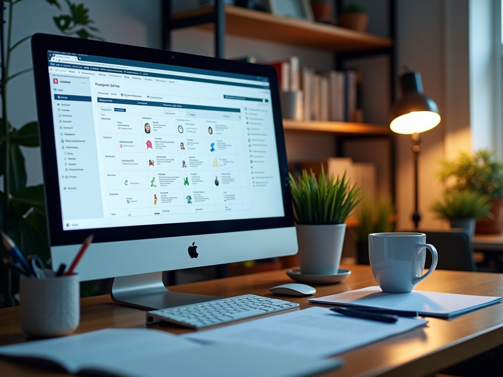 Cozy office setup showcasing an iMac displaying a project management tool, surrounded by plants and soft lighting.