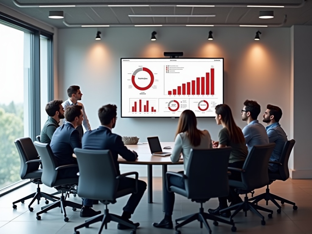 Business team in a modern office focusing on a presentation showing graphs and charts on a large screen.