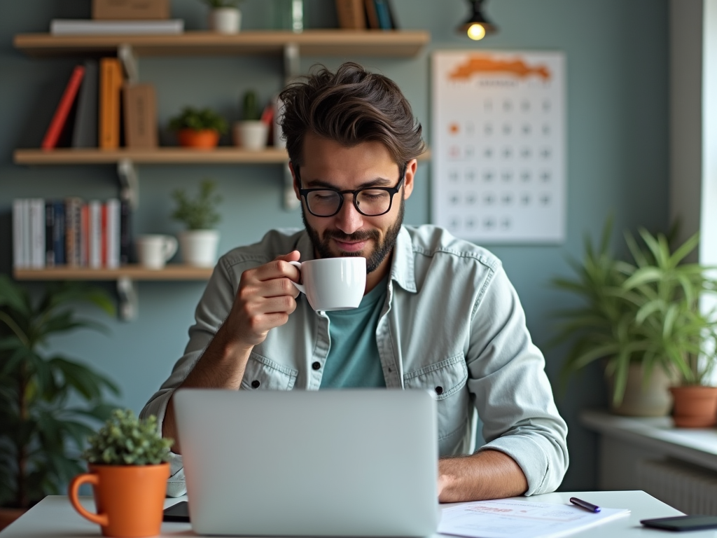 Man drinking coffee and working on laptop in a cozy home office.