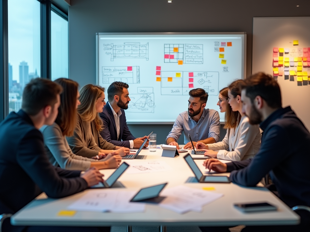 Professionals engaging in a meeting around a table with a whiteboard displaying diagrams in the background.