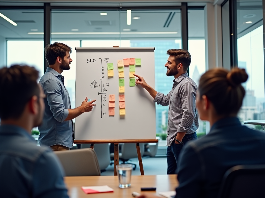 Two men discussing over a whiteboard with sticky notes in a bright office.