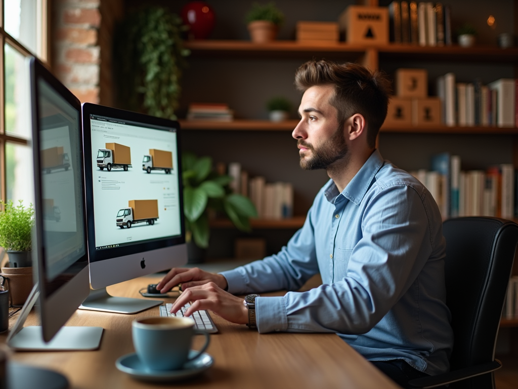 Man working on a computer with delivery truck images on the screen in a cozy office with plants and books.