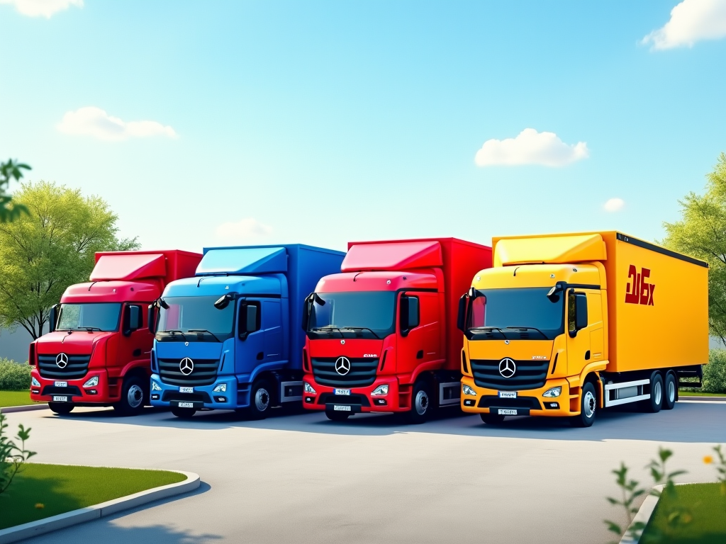 Four Mercedes trucks in red, blue, and yellow parked outside on a sunny day.