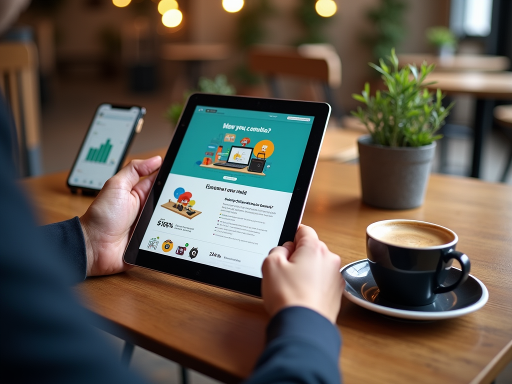 Person browsing a colorful digital marketing website on a tablet in a cafe, with a coffee cup on the table.