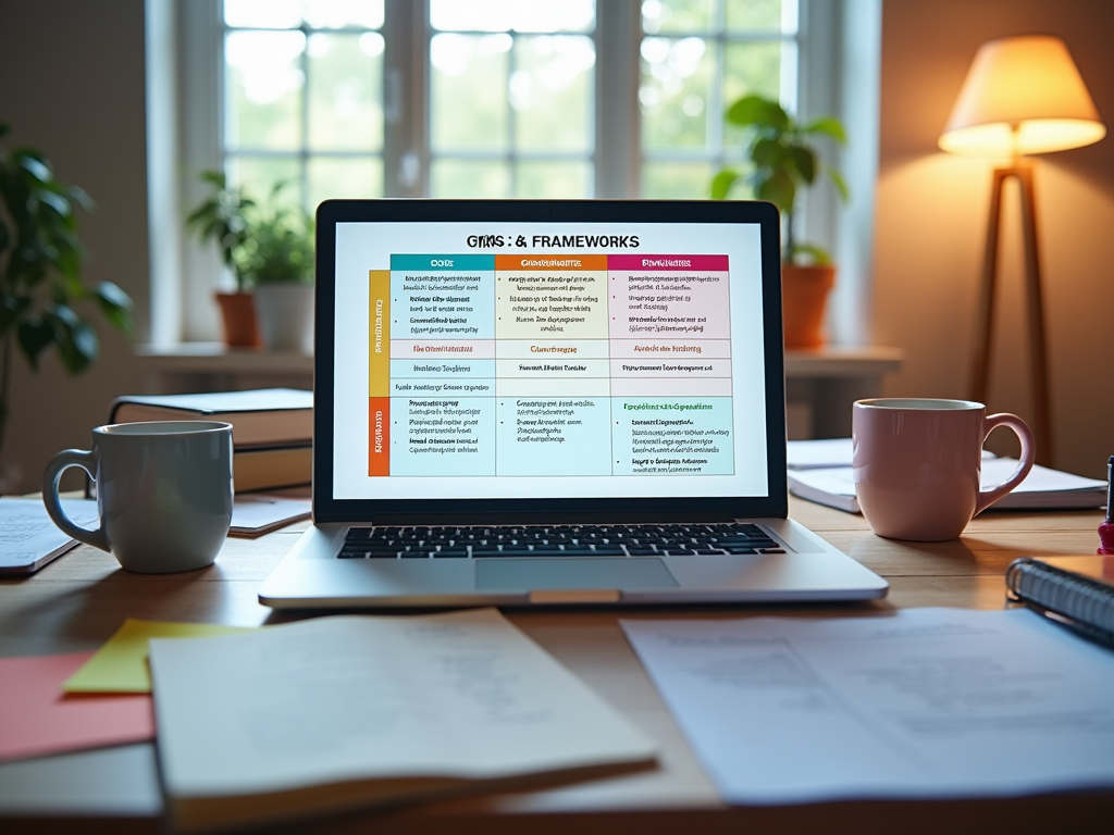 Laptop displaying business frameworks and a coffee cup on a desk in a bright office setting.