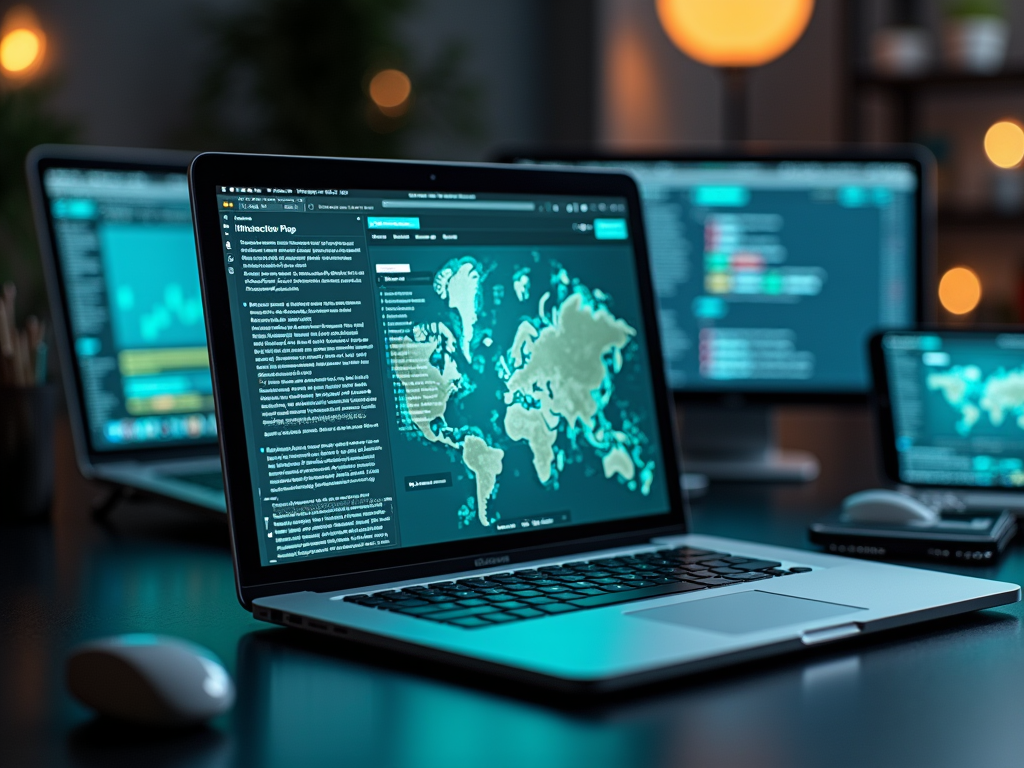 Laptop displaying a map and data analysis on a screen in a dimly lit workspace with multiple monitors.