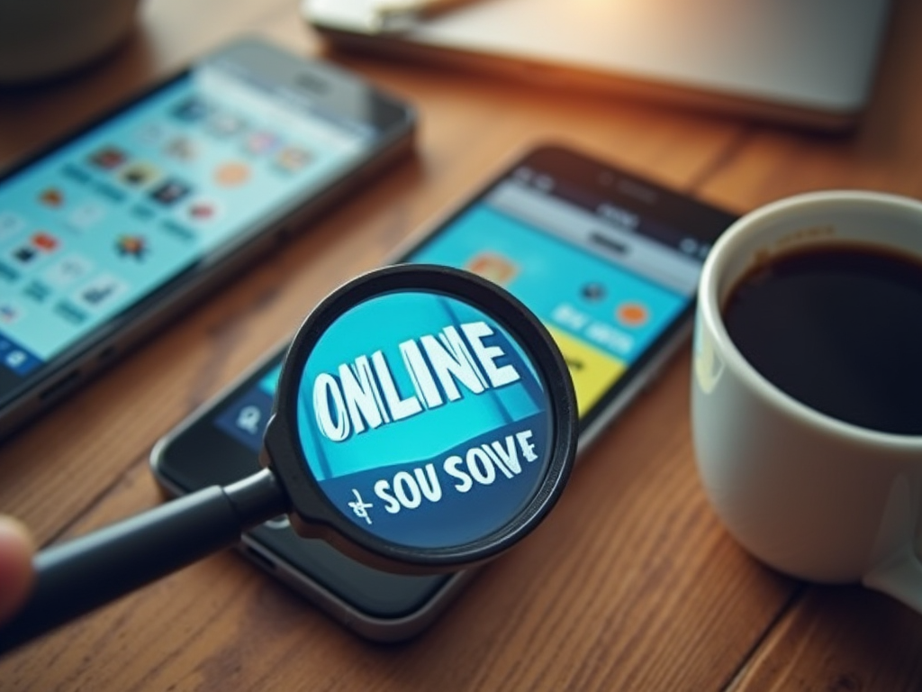 Magnifying glass over smartphone displaying "ONLINE" text, beside a coffee cup and laptop.