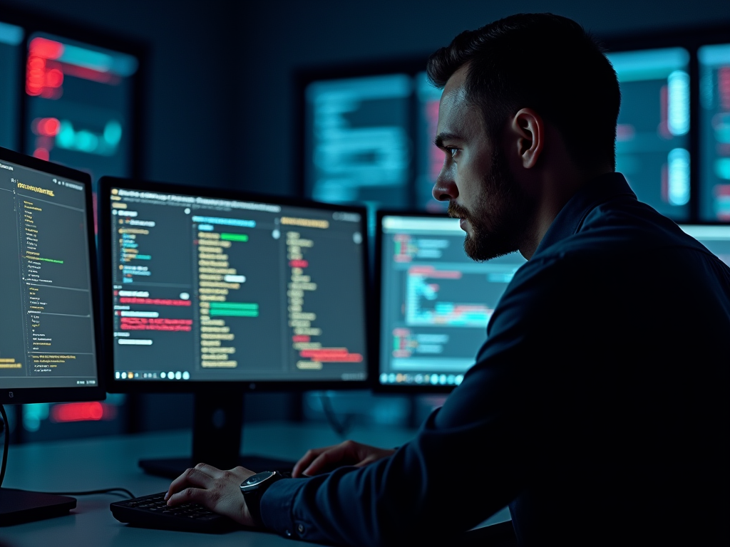 Man focused on coding with multiple monitors displaying code in a dark room.