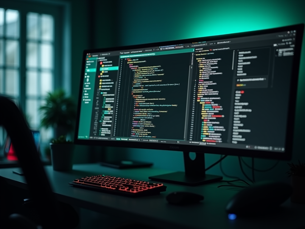 Dual computer monitors displaying colorful code in a dark room with green backlighting.