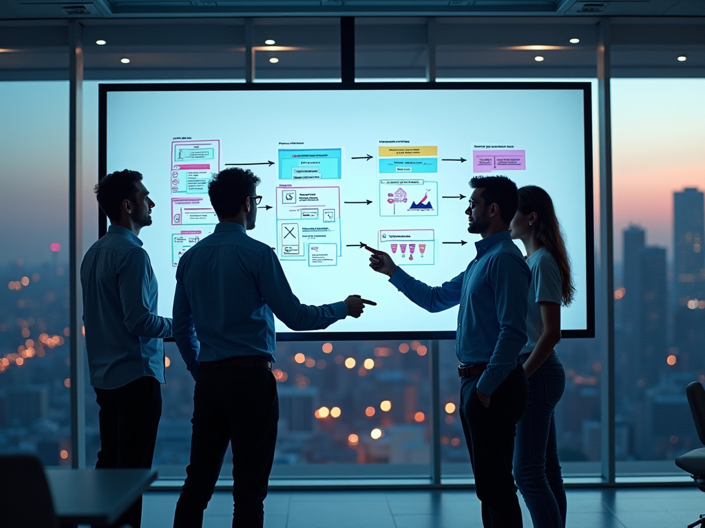 Three professionals discussing a flowchart on a screen in a modern office at dusk.