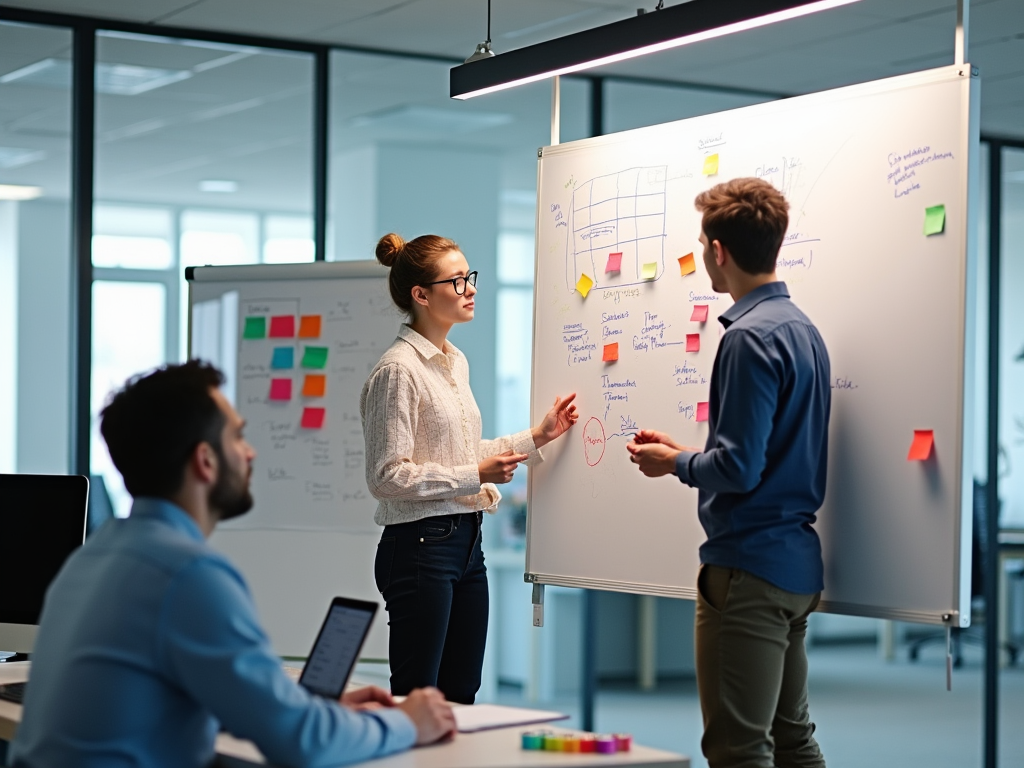 Three colleagues collaborate at a whiteboard in a bright office, discussing colorful notes and diagrams.