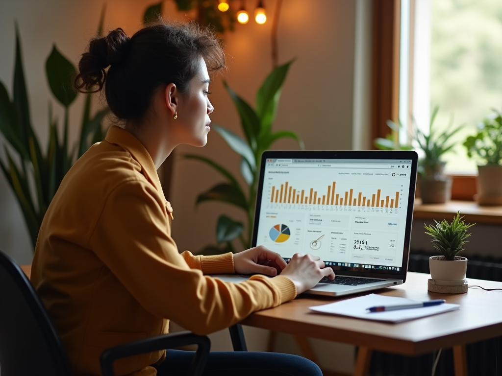 Woman analyzing financial data on a laptop in a home office setting.