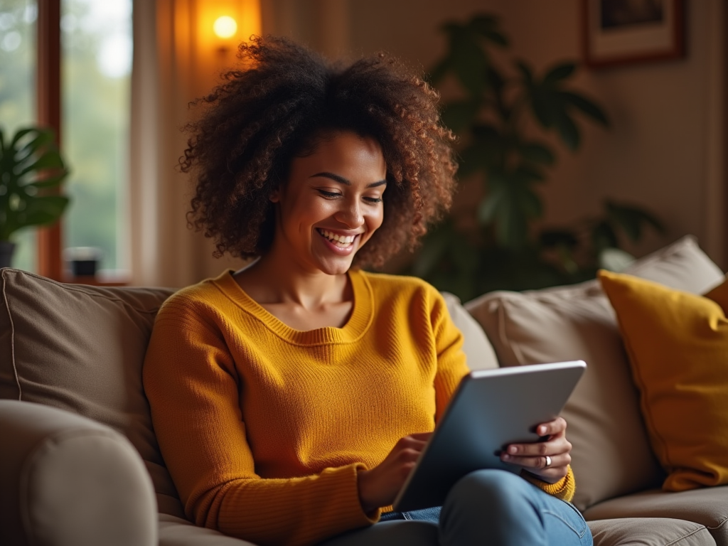 Happy woman in a yellow sweater using a tablet on a cozy sofa.