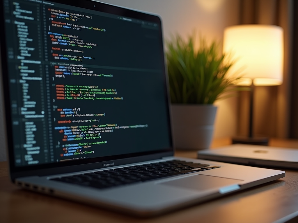 Laptop displaying code on screen, placed on a desk next to a lamp and a small potted plant.