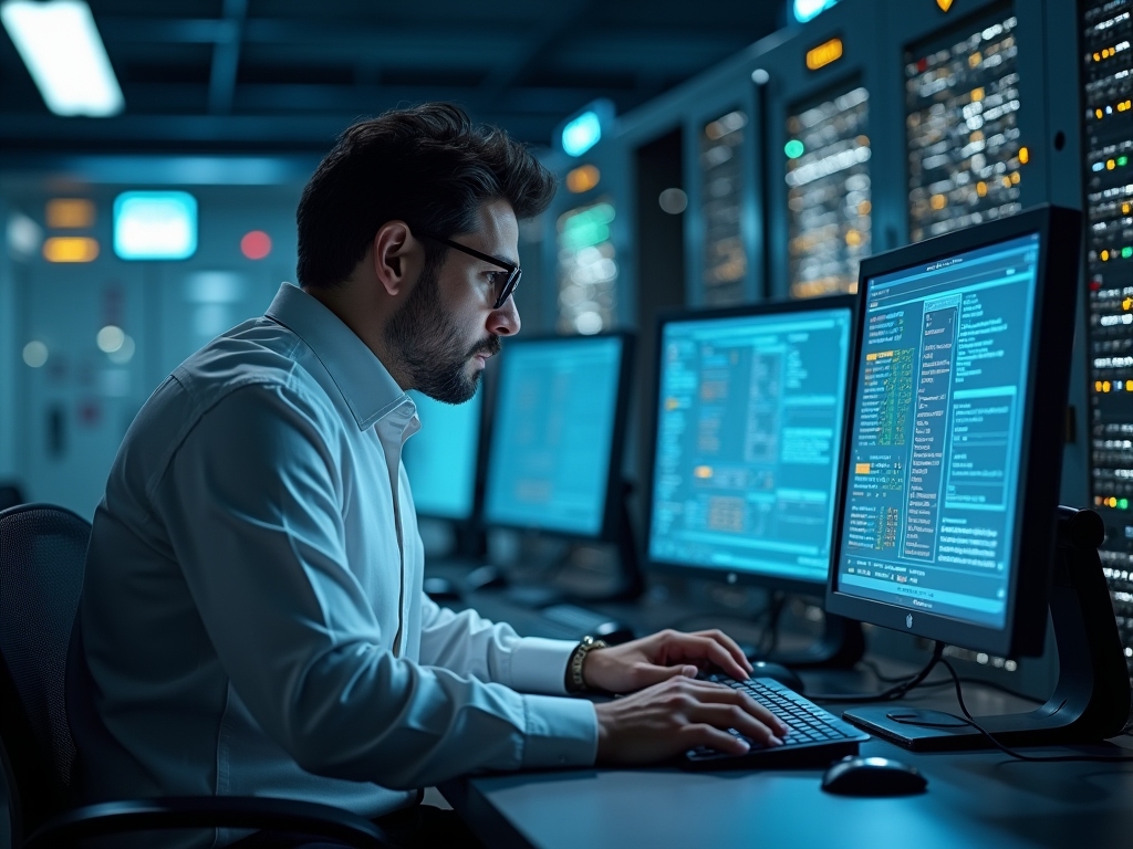 Man analyzing data on multiple computer screens in a dark server room.