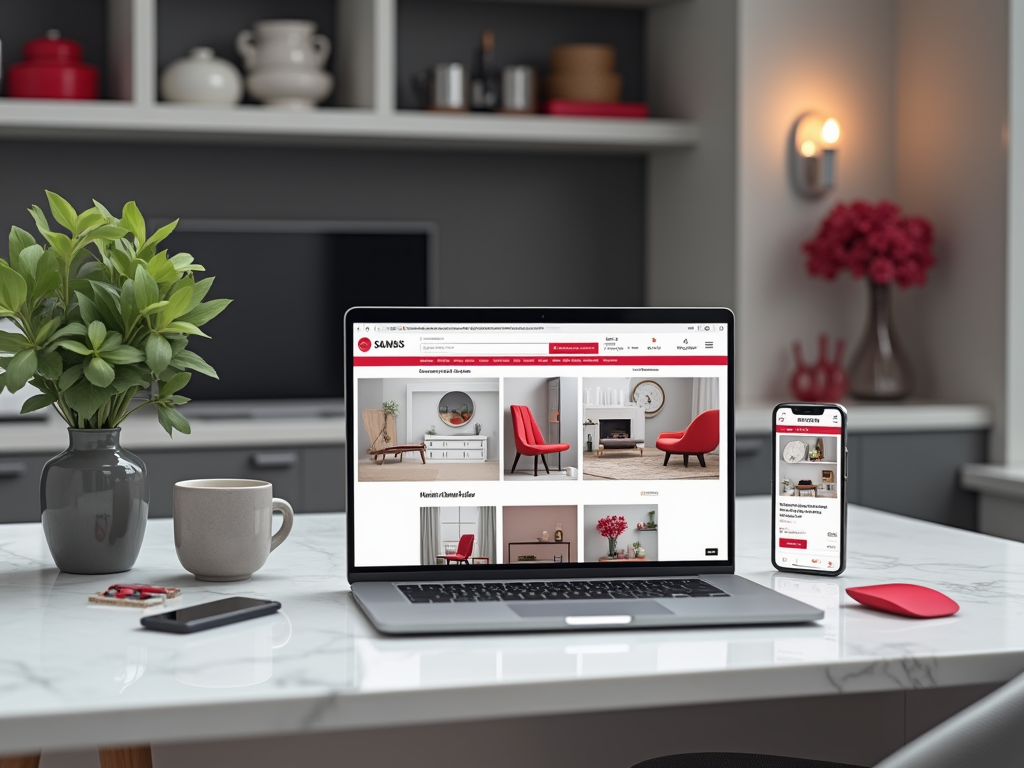 Modern home office setup with a laptop and smartphone displaying furniture store websites.