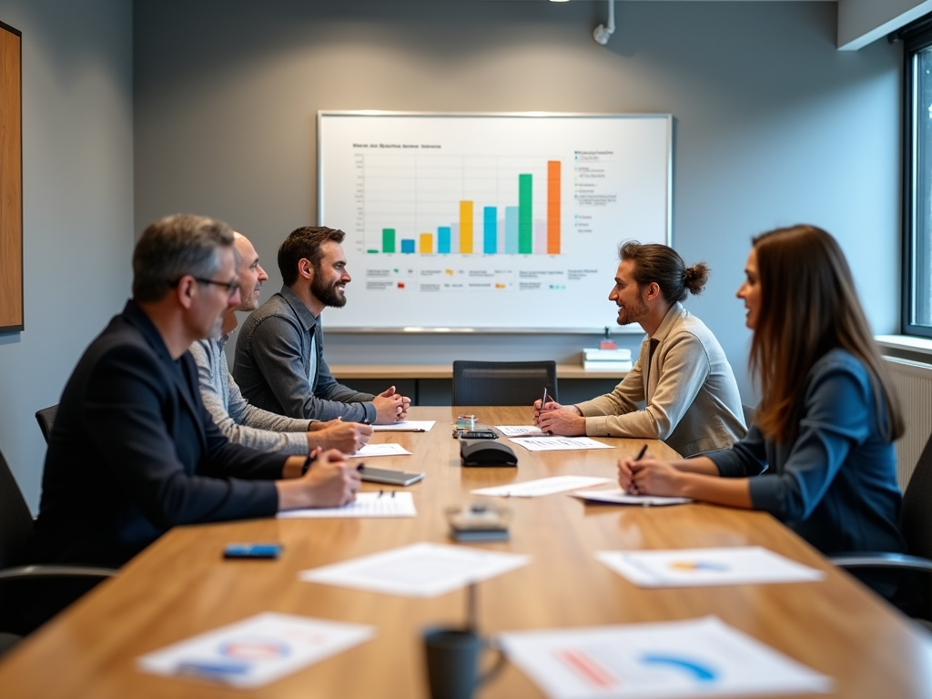 Five professionals discussing data on a chart during a boardroom meeting.