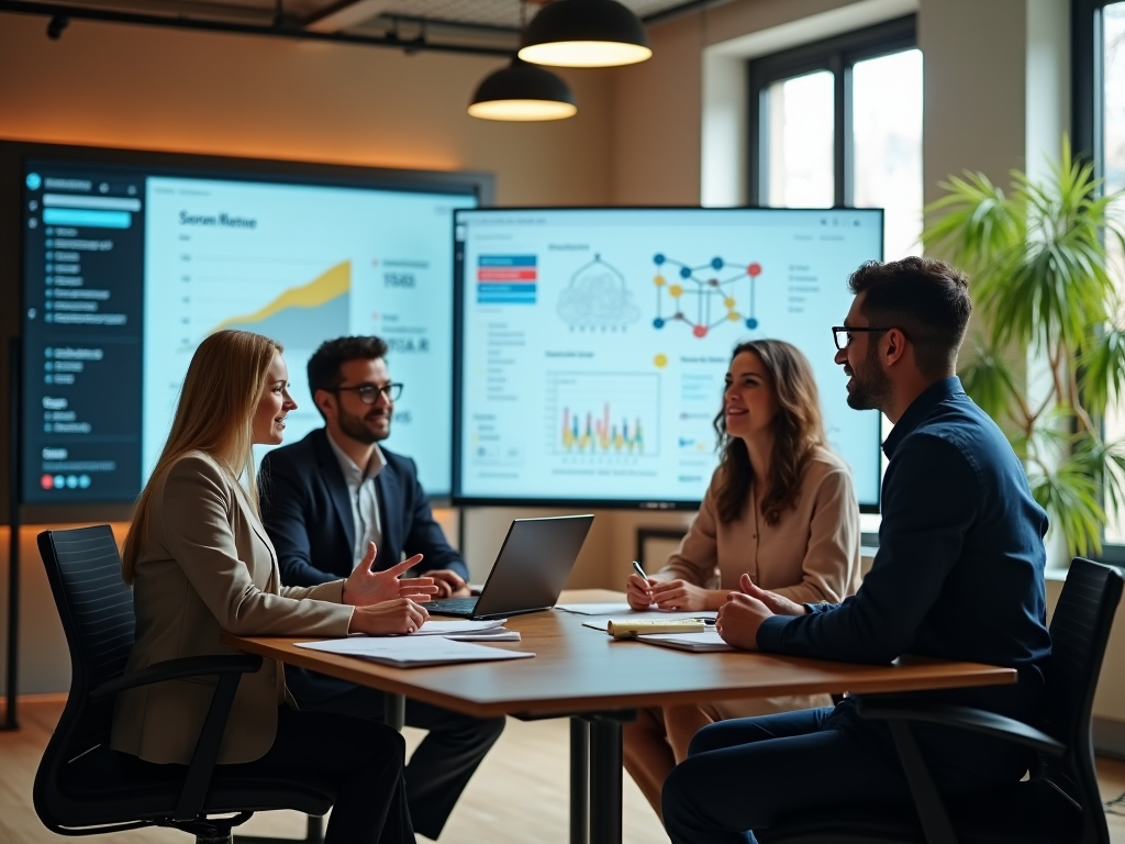 Four professionals discussing data charts on screens in a modern office meeting room.