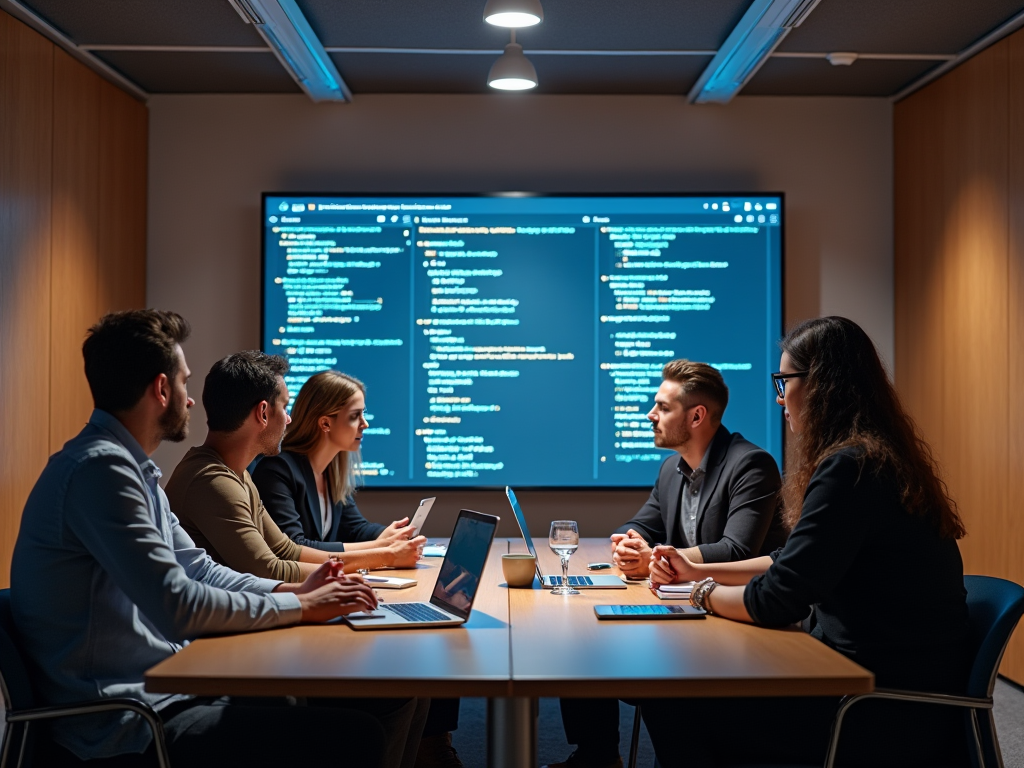 Team members discussing code projected on a screen in a meeting room.