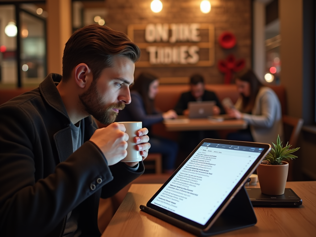 Man drinking coffee while reading tablet in a busy cafe with people working in the background.