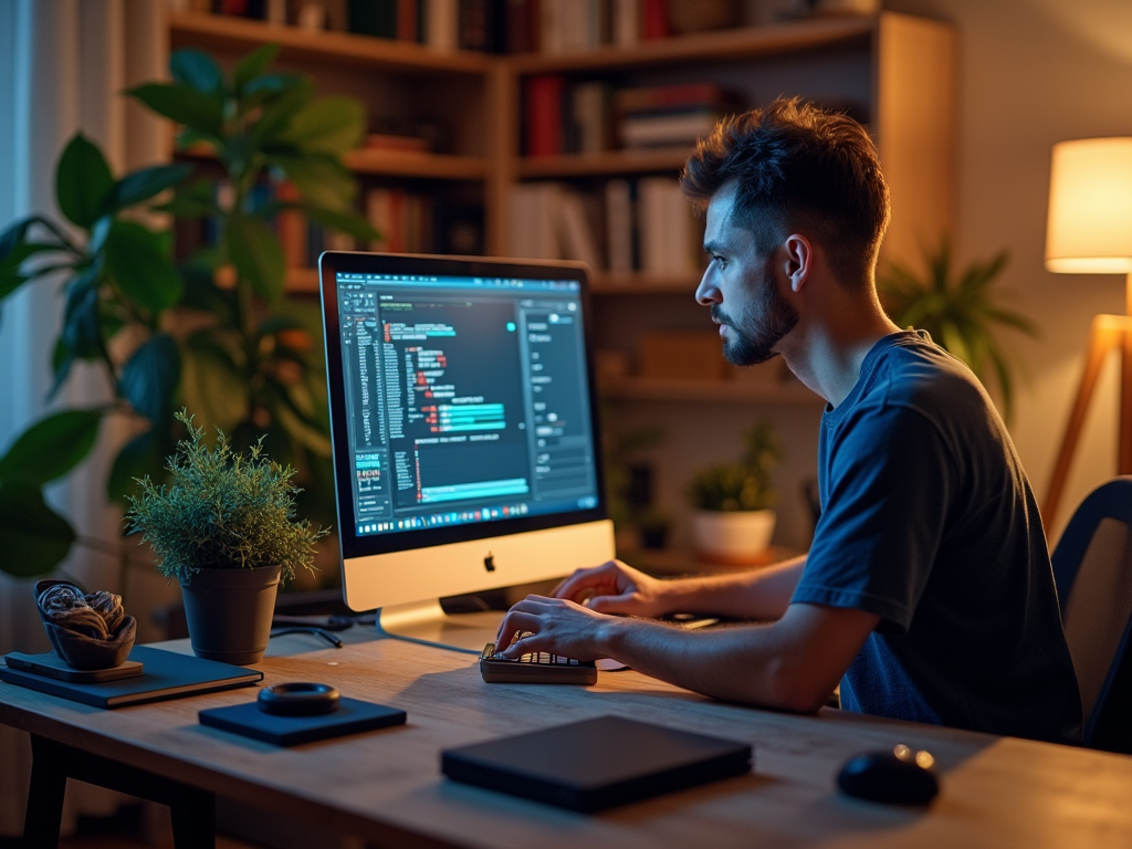 Man coding on computer in a cozy home office at night with plants around.