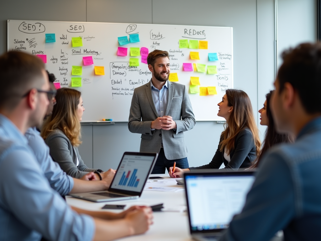 Business meeting with a male leader discussing strategies, surrounded by colleagues and a whiteboard with notes.