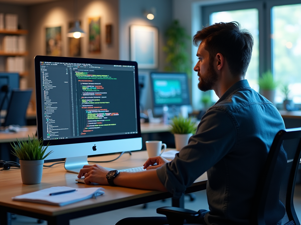 Man coding on computer in modern office at night, focusing intently on his screen displaying code.