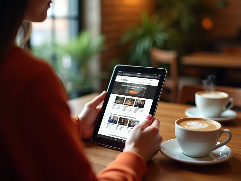 Woman in orange sweater browsing on tablet in a cozy cafe with a cup of cappuccino on the table.