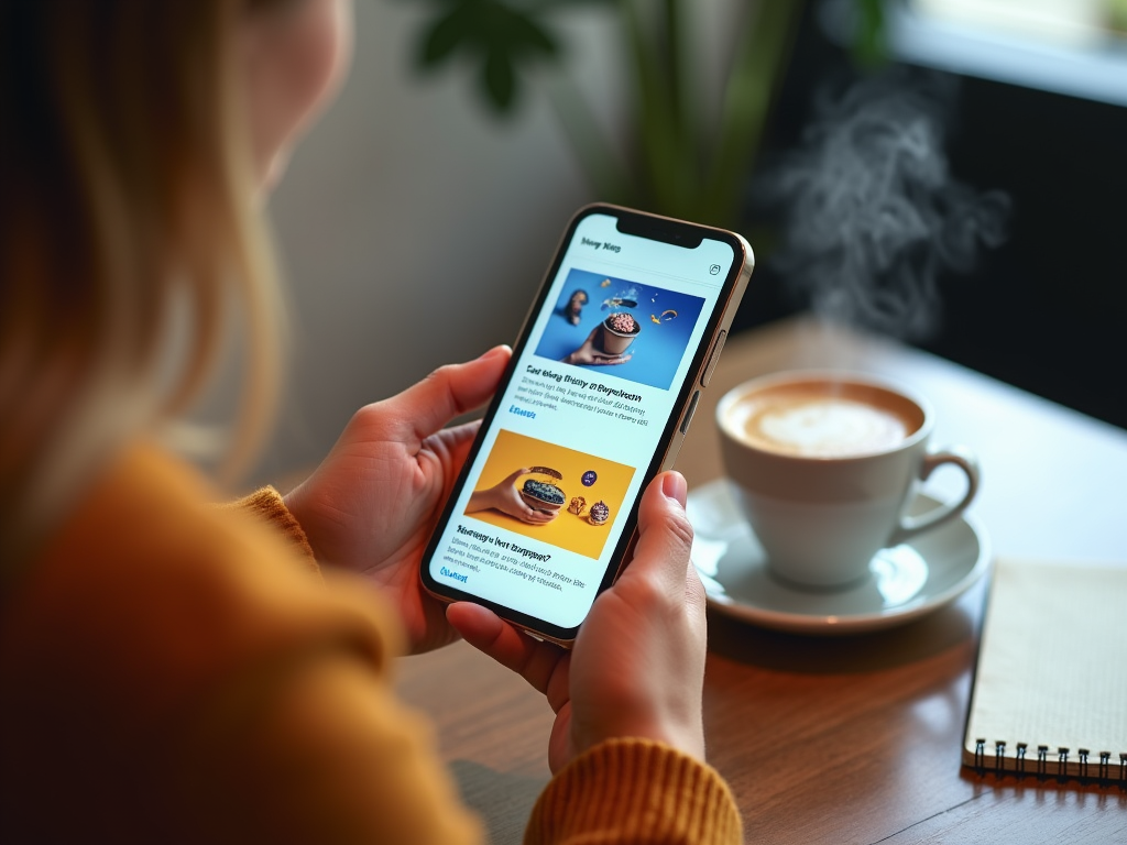 Woman in orange sweater browsing through a food blog on her smartphone at a cafe, with a hot cup of coffee next to her.