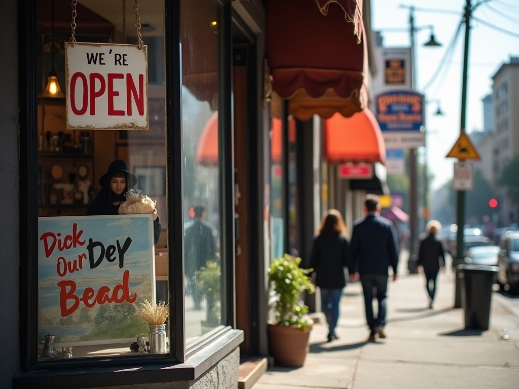 A store with an "Open" sign; typo on a sign in window; woman inside; city street scene.