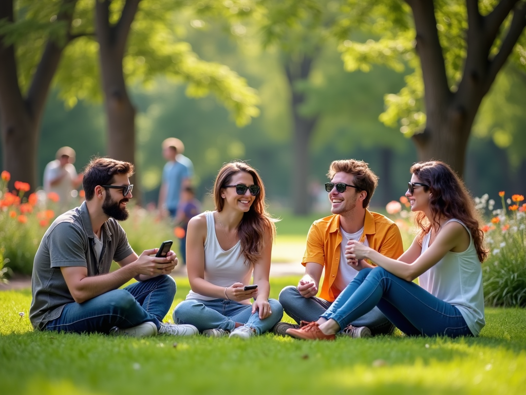 Four friends sitting and laughing in a sunny park with smartphones in hand.