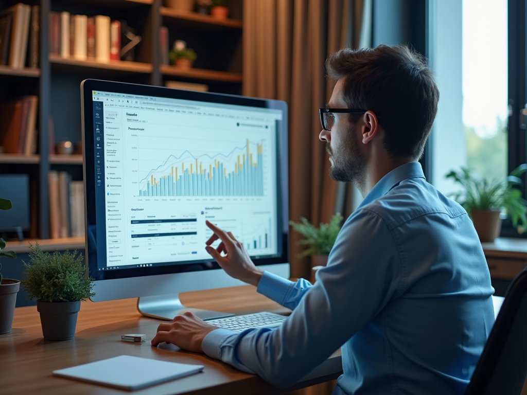 Man analyzing financial data on computer in an office environment.