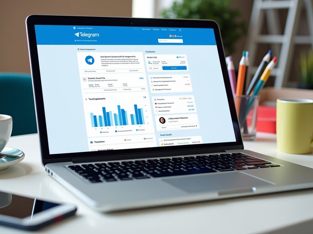 Laptop open on a desk displaying Telegram analytics, surrounded by a coffee cup and colorful pens.