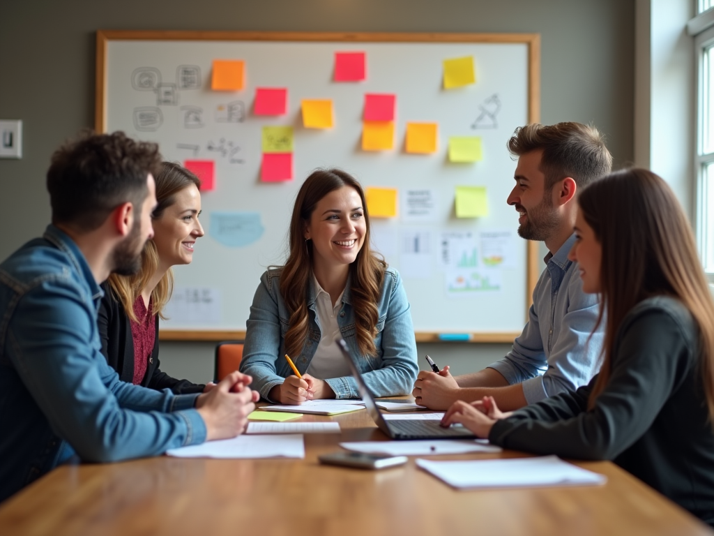 Group of five young professionals in a meeting with sticky notes and charts on the wall behind them.