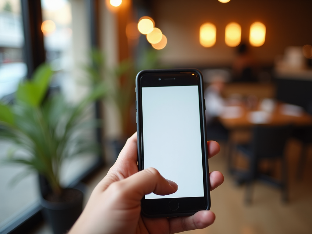 Hand holding a smartphone with a blank screen in a cafe with blurred background.