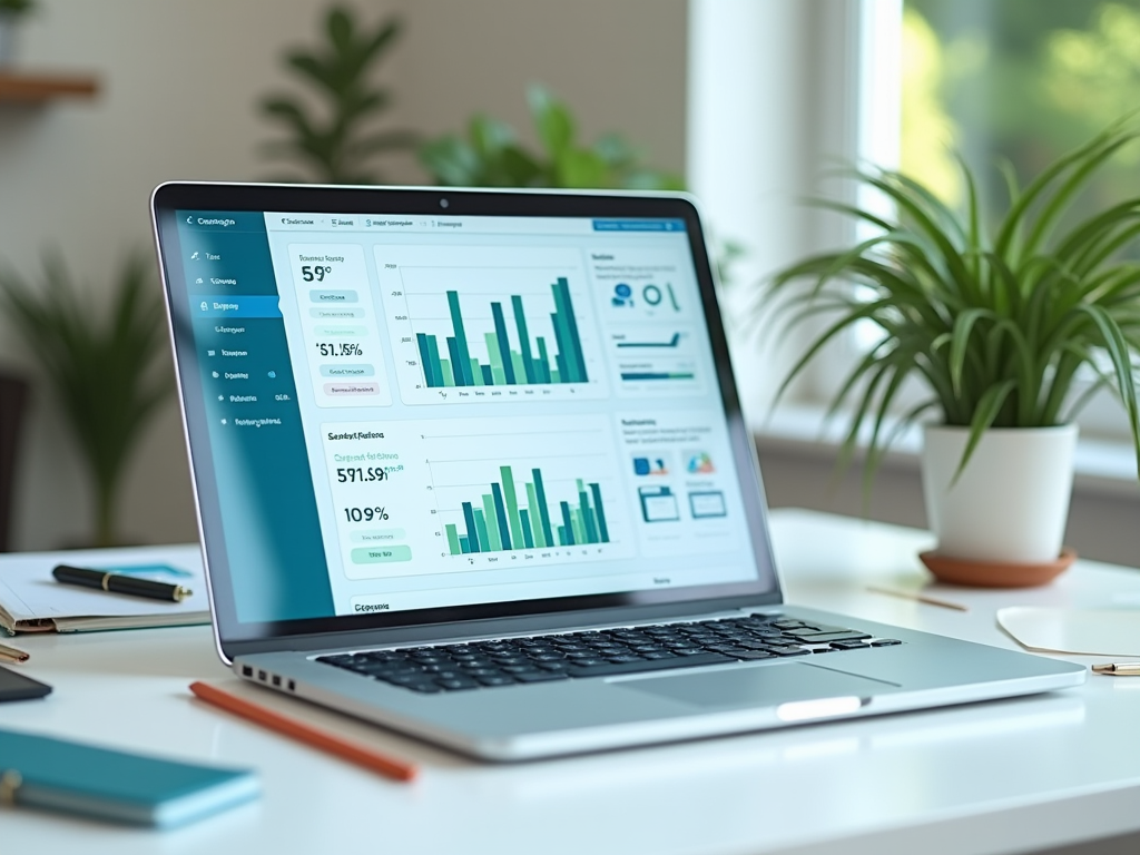 Laptop on desk displaying financial analytics dashboard with graphs and data metrics, office environment.