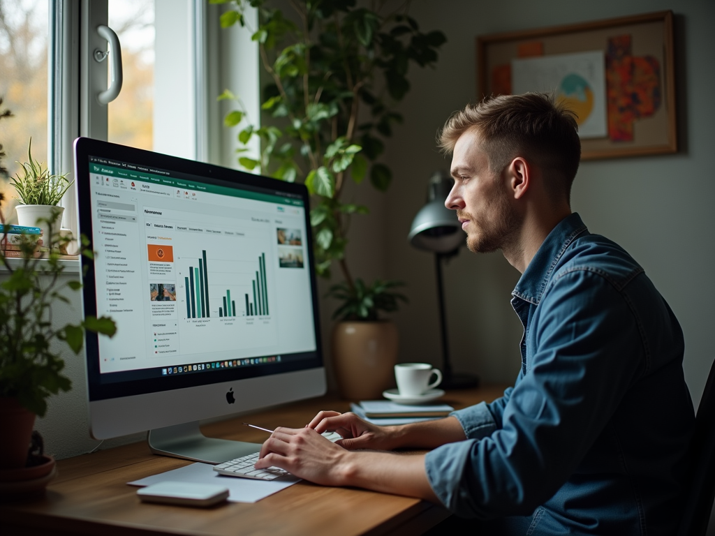 Man working on iMac with analytics data on screen in a cozy office space with plants.