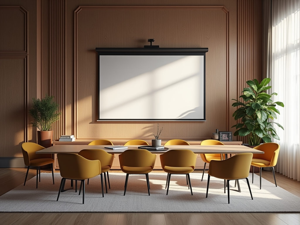 Modern conference room with wooden walls, a large screen, and yellow chairs around a table, lit by natural light.