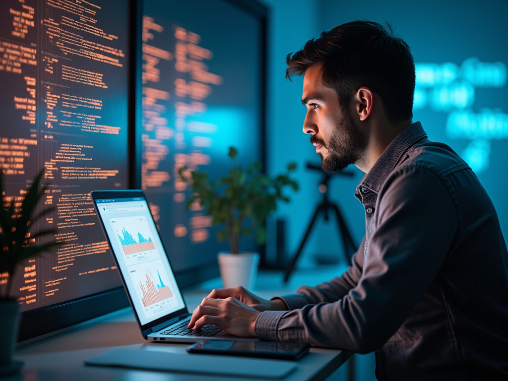 Man coding on a laptop in a dimly lit room with multiple screens displaying code.