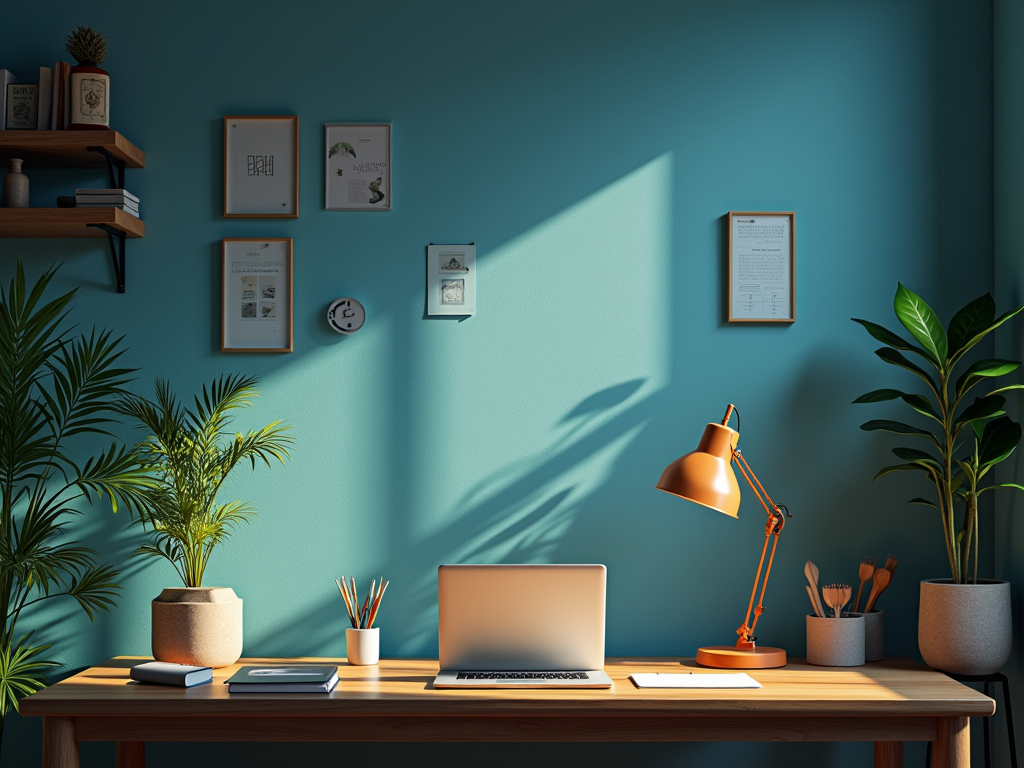 A cozy home office setup with a laptop on a wooden desk, an orange desk lamp, and surrounded by potted plants.