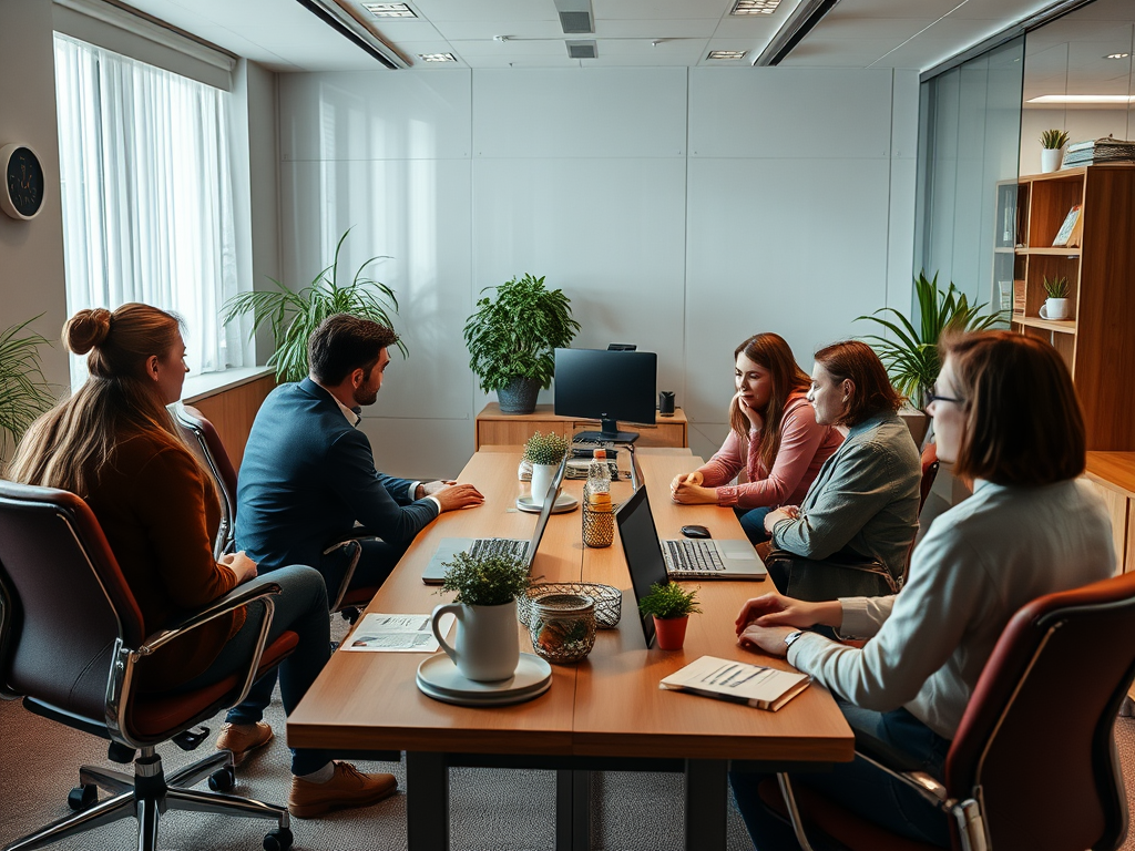 A business meeting featuring five people discussing strategies in a modern conference room with plants and tech.