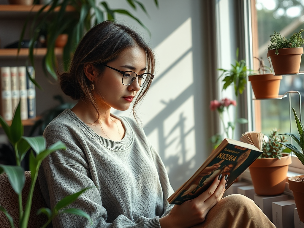 A young woman in glasses reads a book by a window, surrounded by plants and soft natural light.