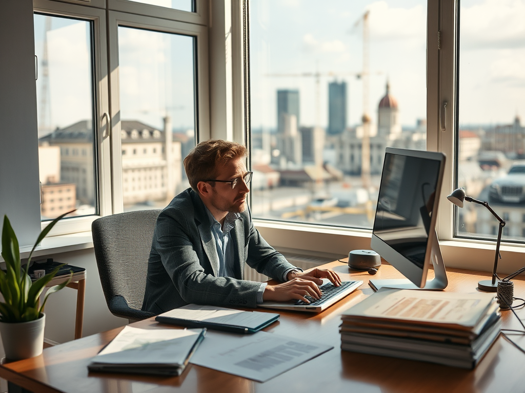 A man in a suit works at a desk in a sunlit office, overlooking a cityscape with cranes and buildings.