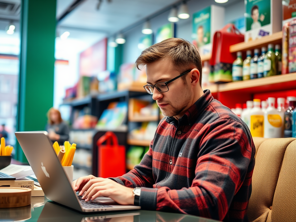 A young man in a plaid shirt works on a laptop in a colorful shop, surrounded by shelves of products.