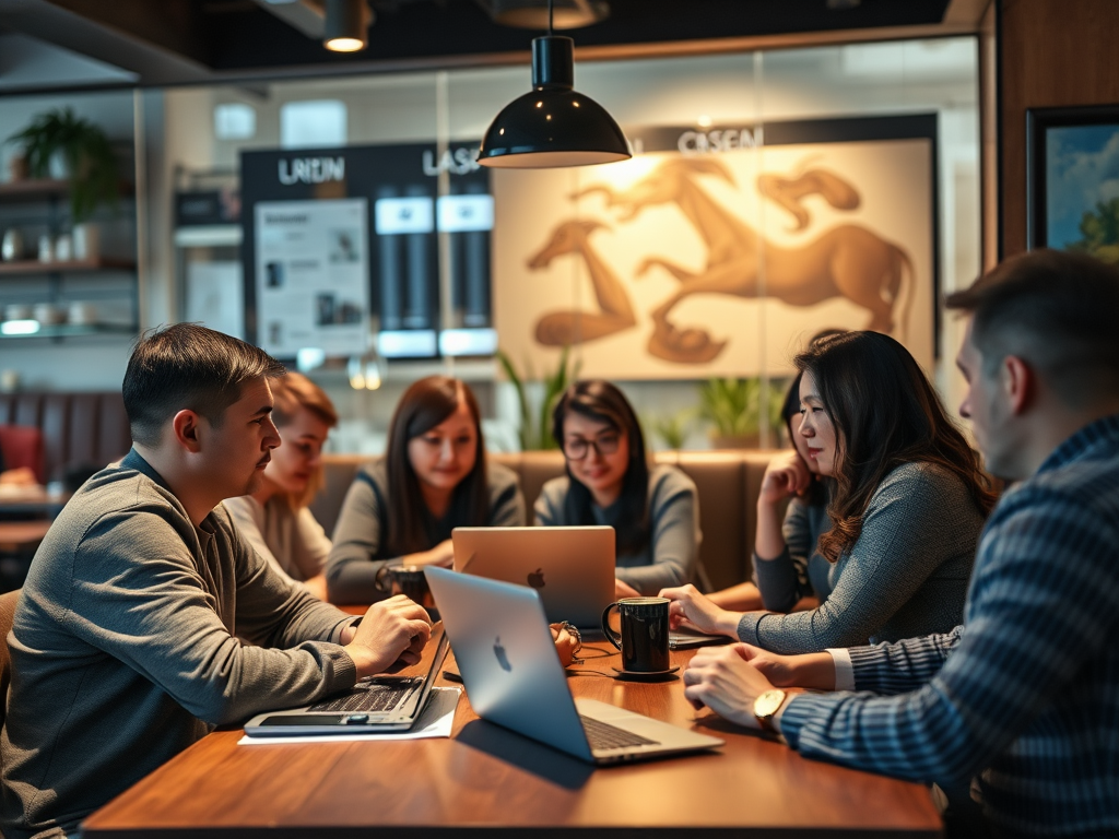 A group of six people collaborate at a table with laptops and coffee in a modern, cozy workspace.