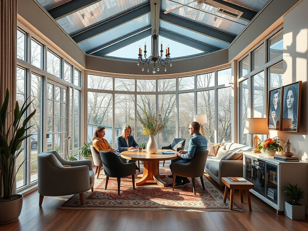 A cozy sunlit room with large windows, featuring three people around a round table and stylish decor.