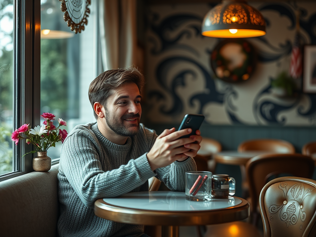 A smiling man sits at a café table, looking at his phone, with flowers and a drink beside him, warm ambiance around.
