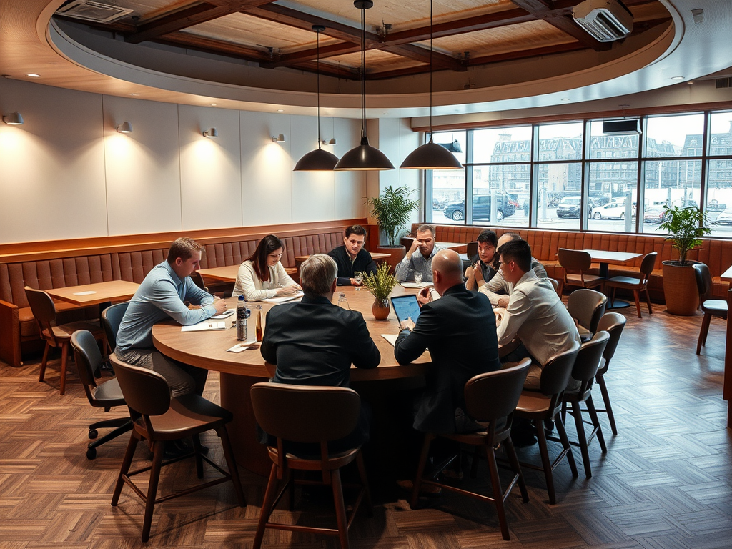 A group of professionals holds a meeting around a large round table in a modern, well-lit room.