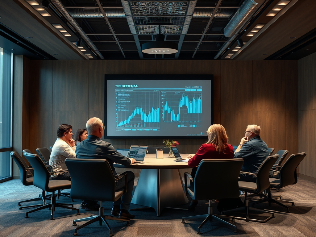 A business meeting in a modern conference room with five people discussing data from a large screen presentation.